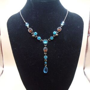 VTG Nina Ricci Stamped Blue Lariat Style Silver Tone Chain Necklace